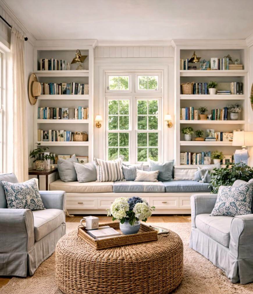 Bright, cozy living room with built-in bookshelves, a window seat with striped cushions, light blue armchairs, a round wicker coffee table with a flower vase, and large windows letting in natural light.