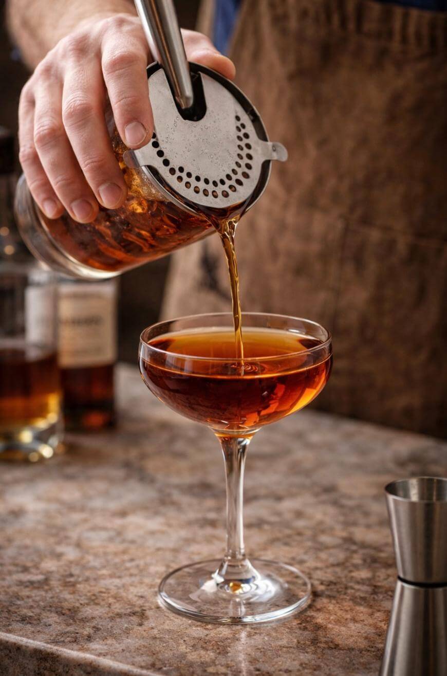 A person pours a dark amber cocktail from a mixing glass with a strainer into a coupe glass on a marble counter, with bottles and a jigger in the background.