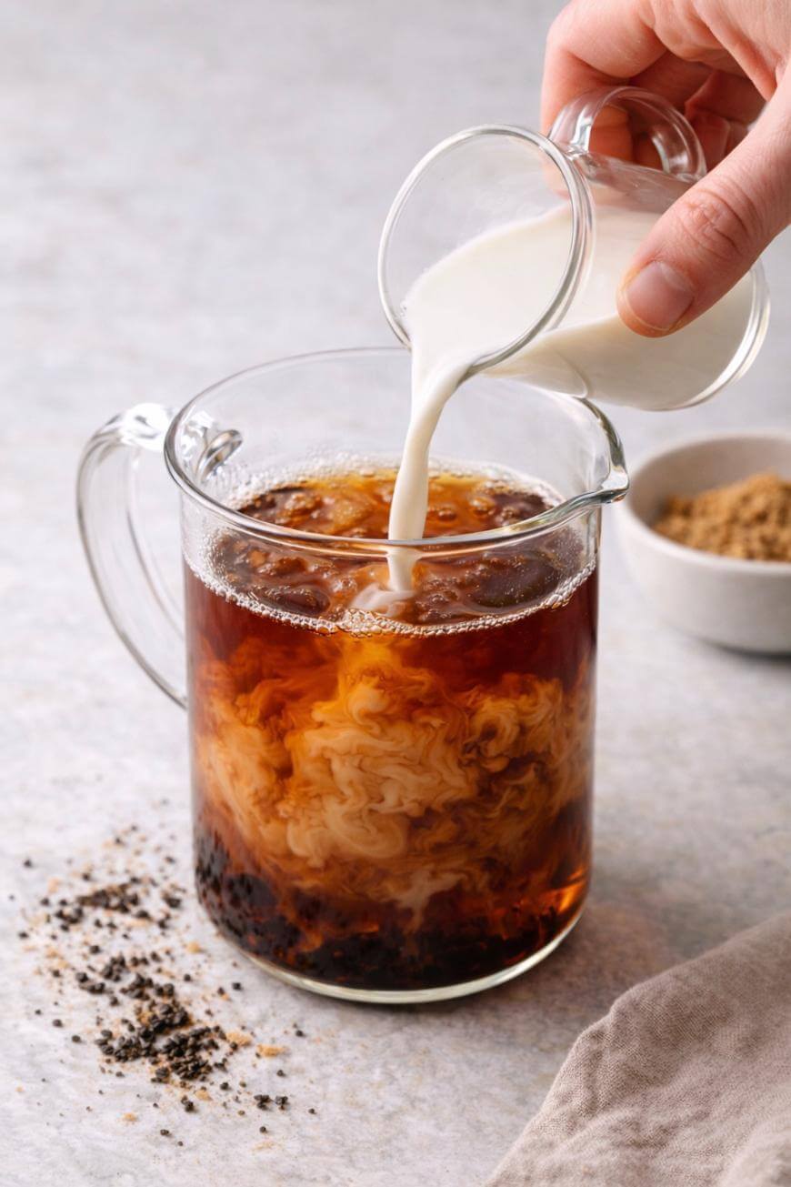 A hand pours milk from a small glass pitcher into a glass mug of iced coffee or tea, creating swirling patterns; loose tea leaves and a bowl of brown sugar are nearby on a light surface.