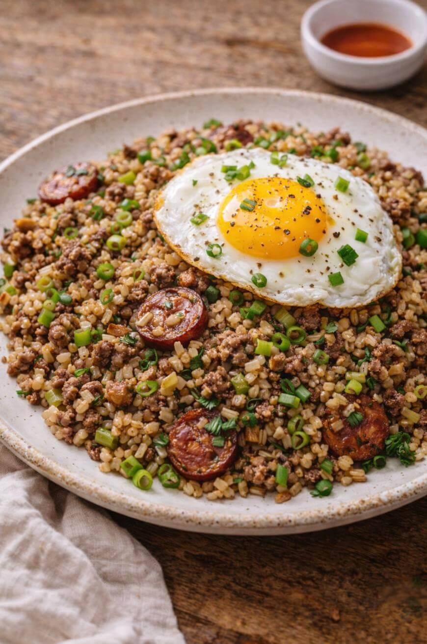 A plate of fried rice mixed with ground meat, sliced sausage, and chopped green onions, topped with a sunny-side-up egg. A small bowl of dipping sauce sits in the background on a wooden table.