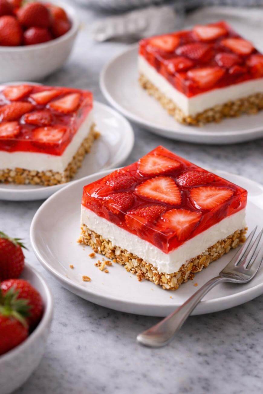 A square slice of strawberry pretzel dessert with a pretzel crust, creamy middle layer, and strawberry gelatin topping sits on a white plate with a fork. Other slices and fresh strawberries are visible in the background.