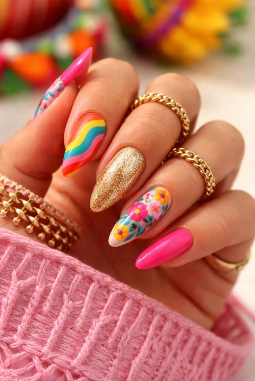 A hand with long, pointed nails features colorful designs: one with a rainbow stripe, one gold glitter, one with bright floral art, and two in solid pink. The hand wears several gold rings and a pink knit sweater.