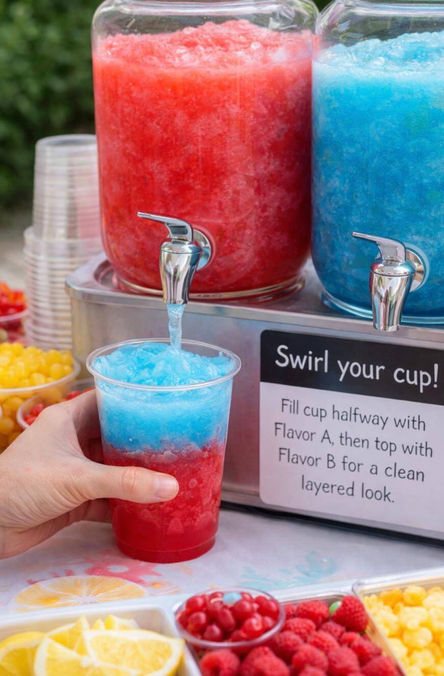A hand fills a clear cup with layered red and blue slush from dispensers. Clear plastic cups, sliced lemons, and berries sit nearby. A sign reads, Swirl your cup! Fill cup halfway with Flavor A, then top with Flavor B for a clean layered look.