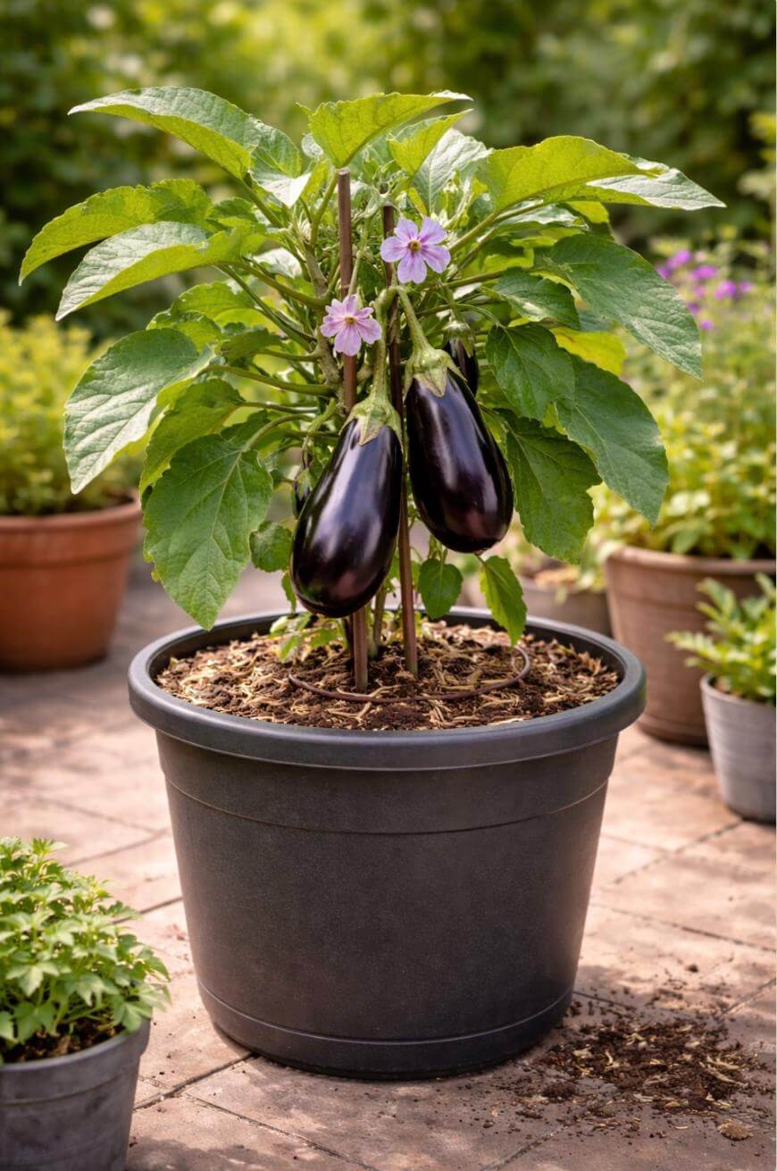 A potted eggplant plant with large green leaves, two shiny purple eggplants hanging from it, and purple flowers, sits on a sunny patio surrounded by other potted plants.