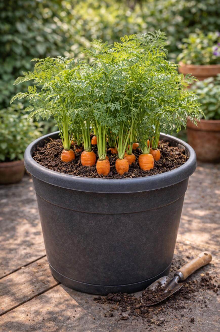 A black plastic pot filled with soil and growing several small, partially exposed carrots with green leafy tops. The pot is outdoors on a patio, with a garden trowel lying nearby.