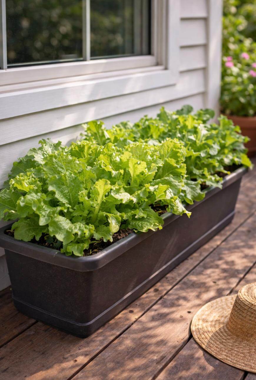 A rectangular black planter box filled with leafy green lettuce sits on a wooden deck beside a light gray house, with a straw hat lying nearby.