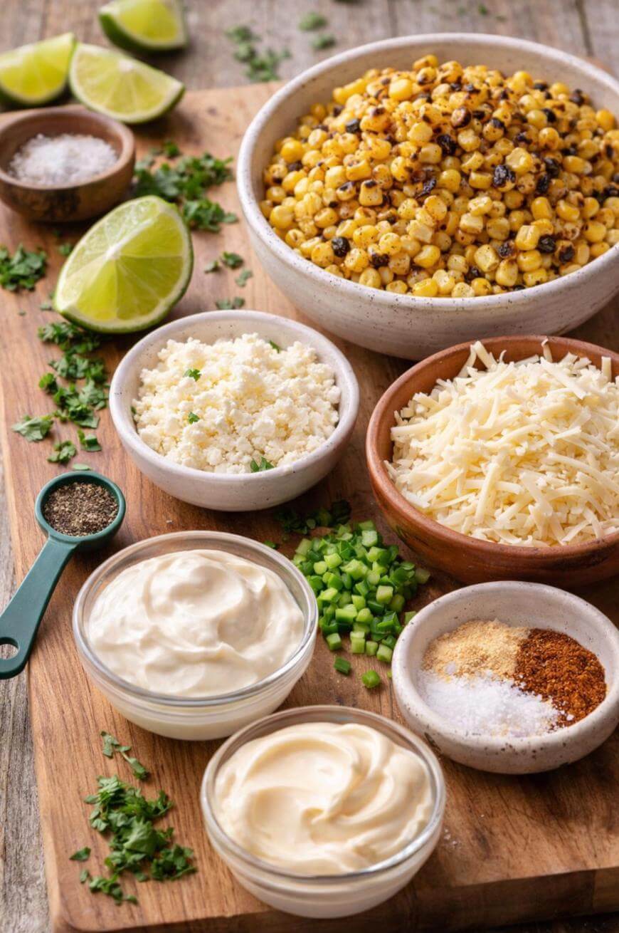 A wooden board topped with bowls of roasted corn, shredded cheese, crumbled cheese, mayonnaise, chopped green onions, spices, lime wedges, salt, pepper, and fresh herbs.