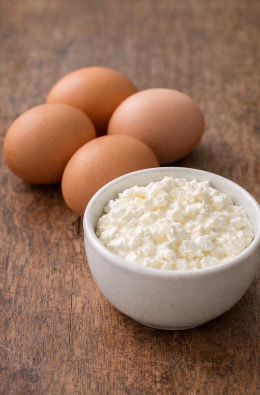 A white bowl filled with cottage cheese sits on a wooden surface next to four brown eggs.