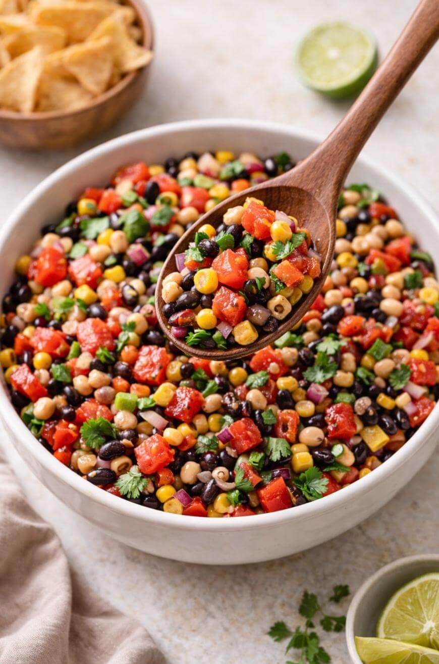 A white bowl filled with colorful cowboy caviar salad, featuring black beans, corn, tomatoes, onions, and cilantro, with a wooden spoon lifting a scoop. Tortilla chips and lime wedges are in the background.