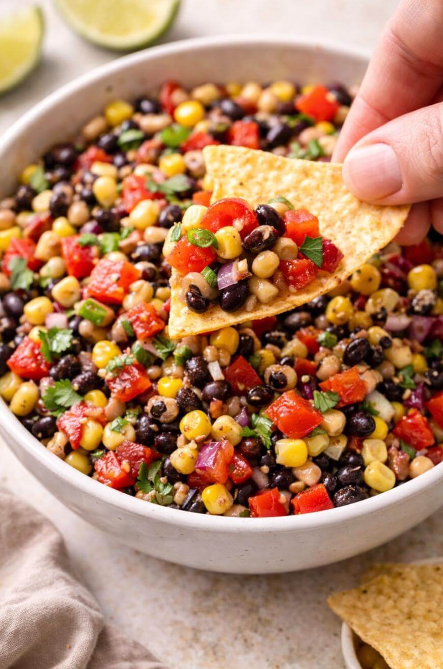 A hand holds a tortilla chip topped with a colorful mixture of black beans, corn, tomatoes, onions, and herbs above a bowl filled with the same bean and corn salsa.