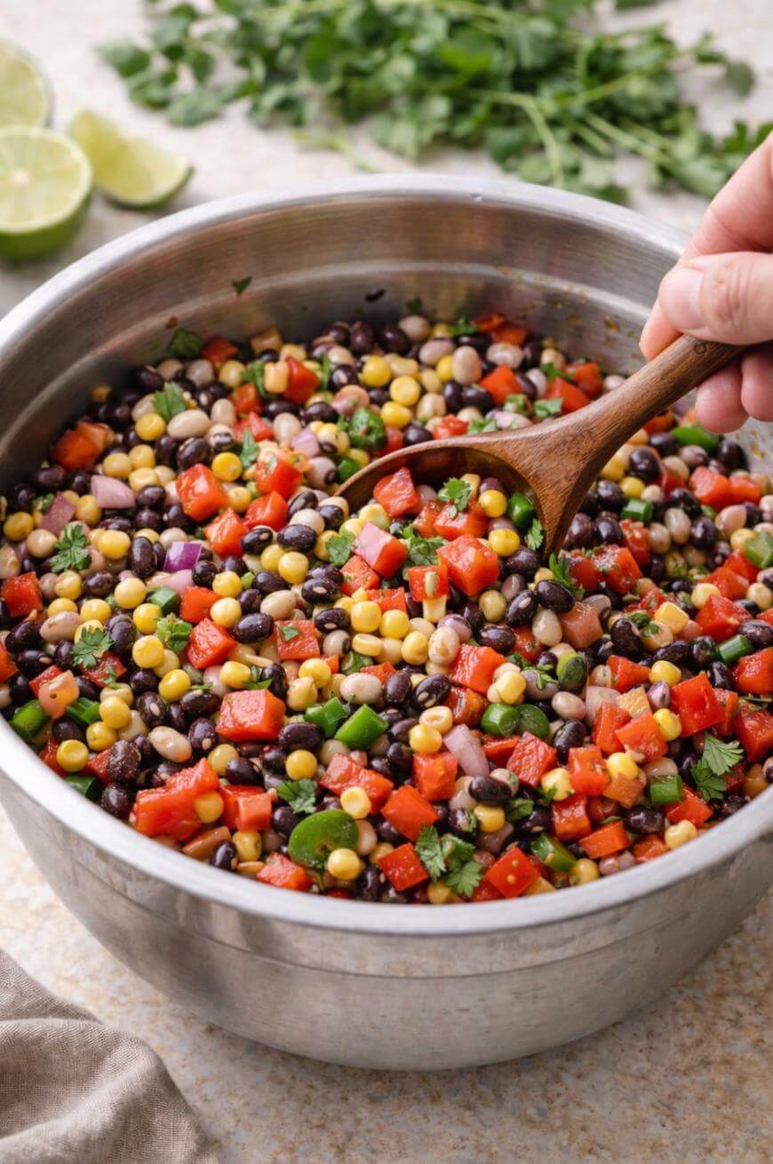 A hand stirs a colorful salad in a metal bowl, containing black beans, corn, diced red peppers, onions, and chopped cilantro, with lime halves and fresh herbs in the background.