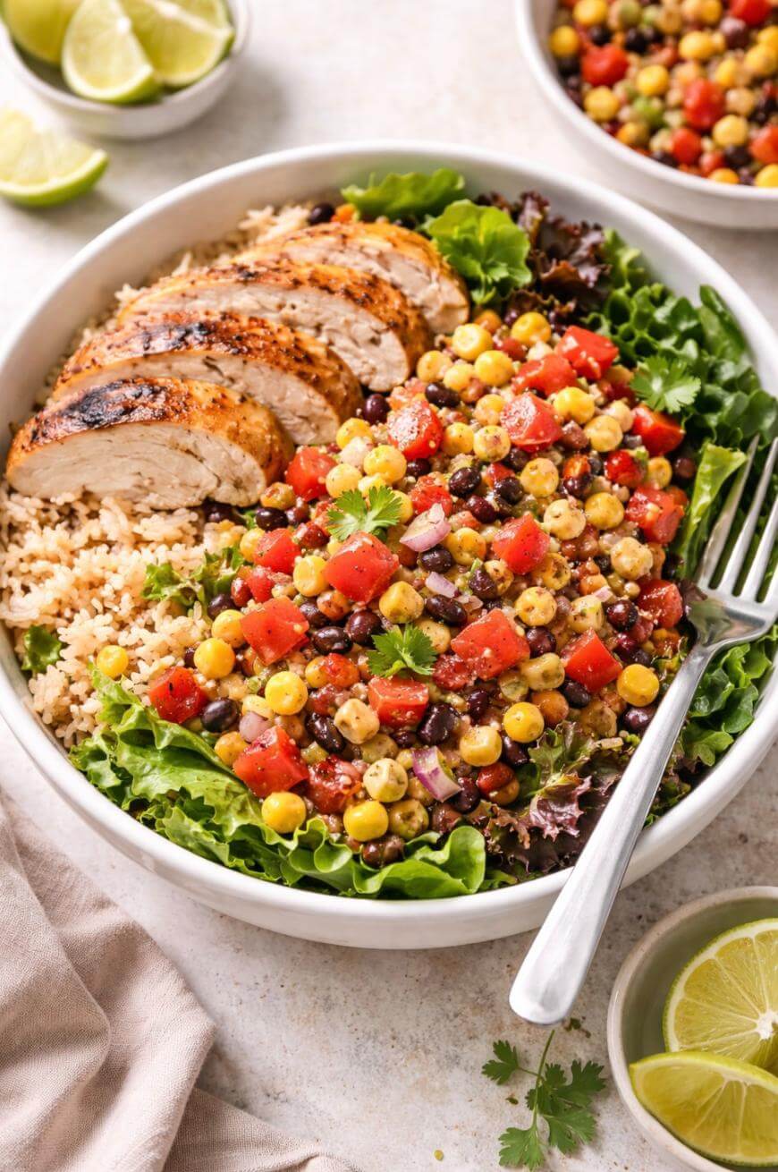 A bowl with sliced grilled chicken, couscous, leafy greens, and a colorful chickpea salad with tomatoes, black beans, corn, and red onion. A fork rests in the bowl; lime wedges are on the side.