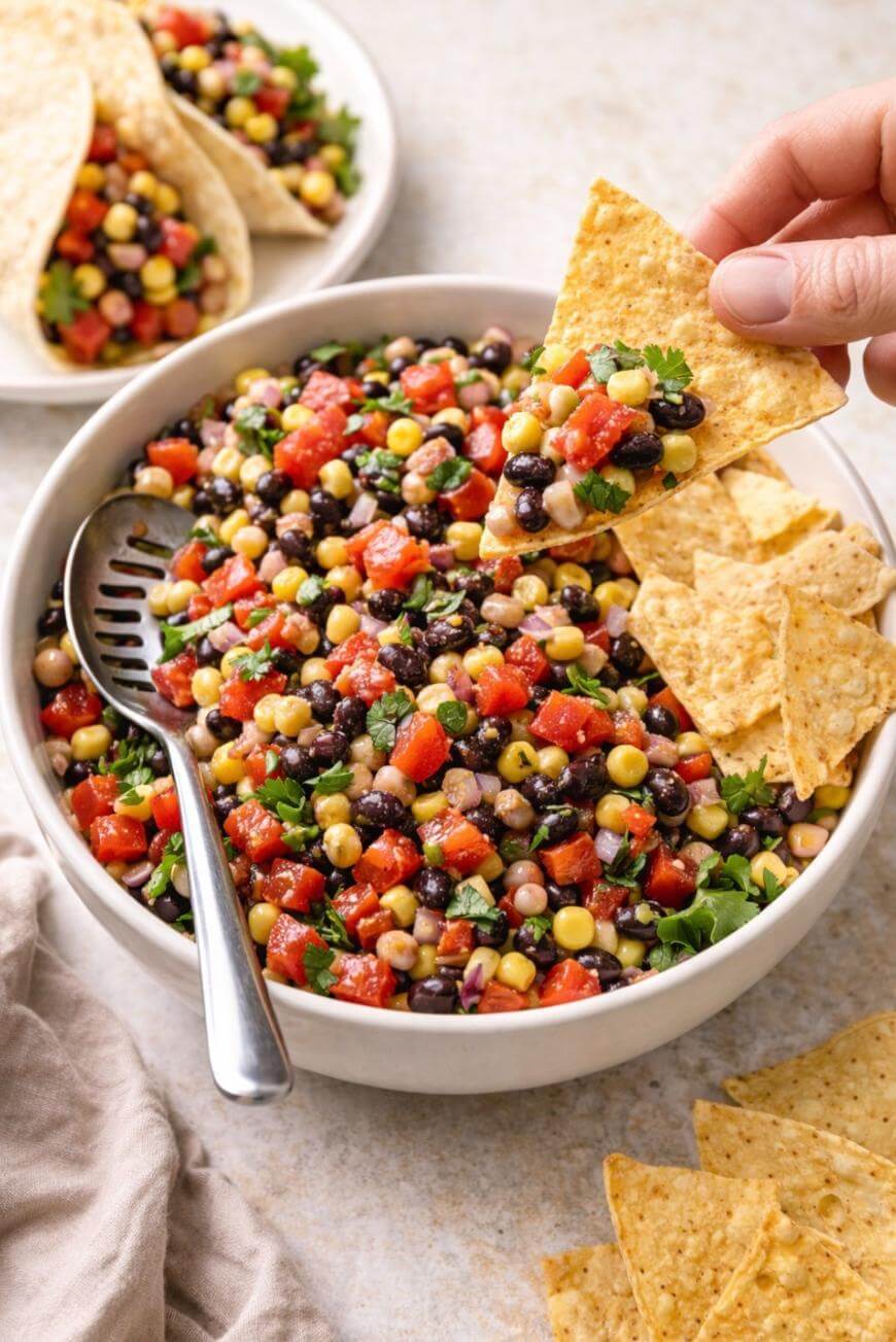 A hand dips a tortilla chip into a bowl of colorful bean salsa made with black beans, corn, tomatoes, peppers, and cilantro. Tortilla chips are scattered beside the bowl, with a plate of salsa and chips in the background.