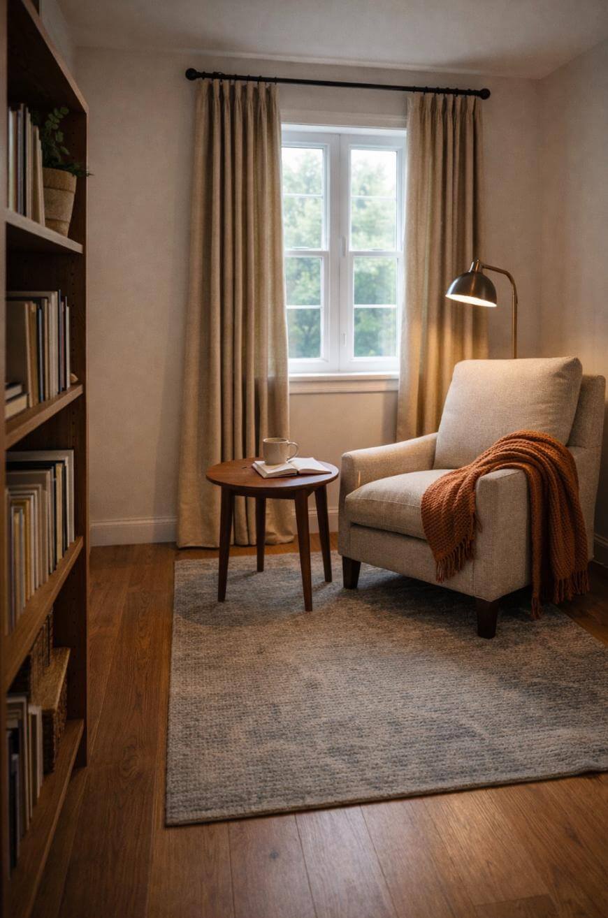 A cozy reading nook features an armchair with an orange throw, a side table with a cup and book, a tall bookshelf, a floor lamp, beige curtains, and a window letting in natural light.