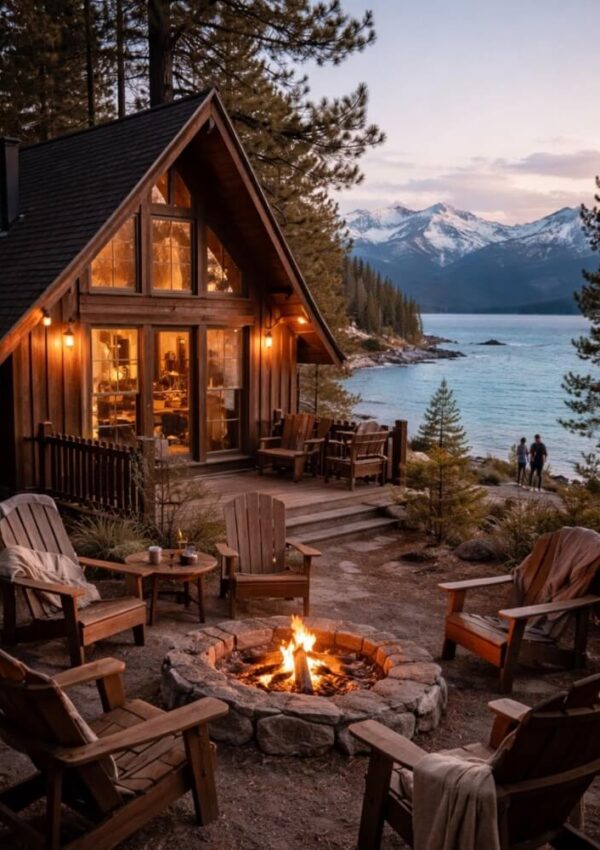 A cozy wooden cabin with warm lights sits by a lake, surrounded by pine trees and snow-capped mountains. Adirondack chairs circle a lit fire pit in the foreground, with two people standing near the water at sunset.