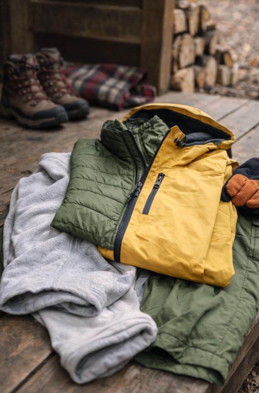 A green and yellow jacket, grey hoodie, and green pants are laid out on a wooden surface next to brown gloves. In the background, there are hiking boots, a plaid blanket, and stacked firewood.
