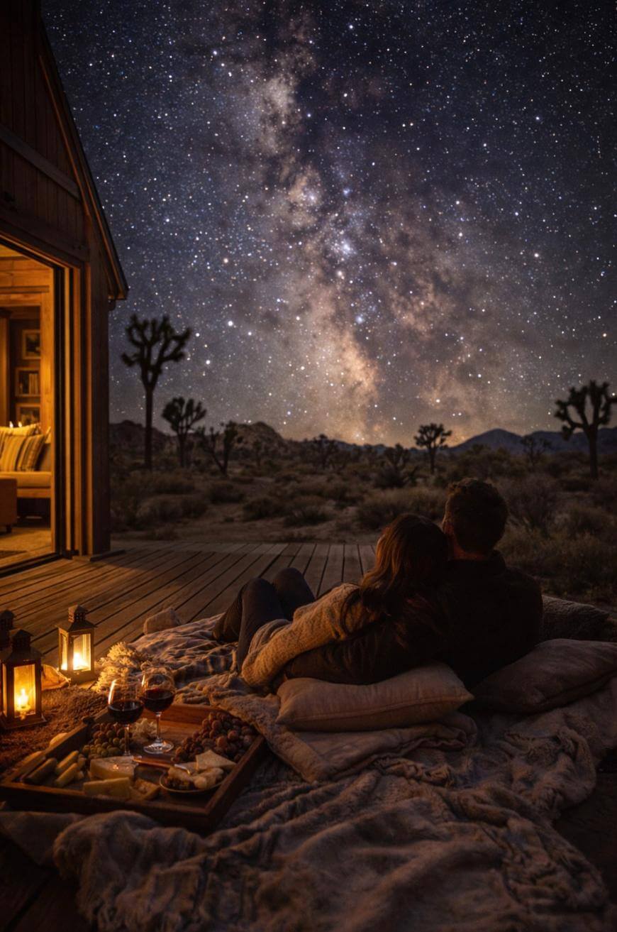 A couple sits on blankets outside a cozy cabin at night, gazing at a bright, star-filled sky with the Milky Way visible. Lanterns, wine, and snacks are on a tray beside them, with desert trees and mountains in the background.