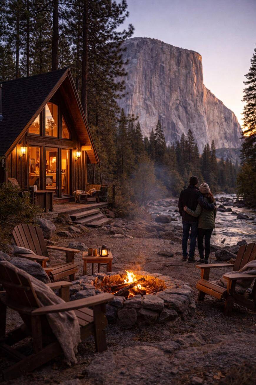 A couple stands arm in arm by a river, near a campfire and wooden chairs, outside a cozy cabin in the woods at dusk. Tall pine trees and a towering mountain are visible in the background.