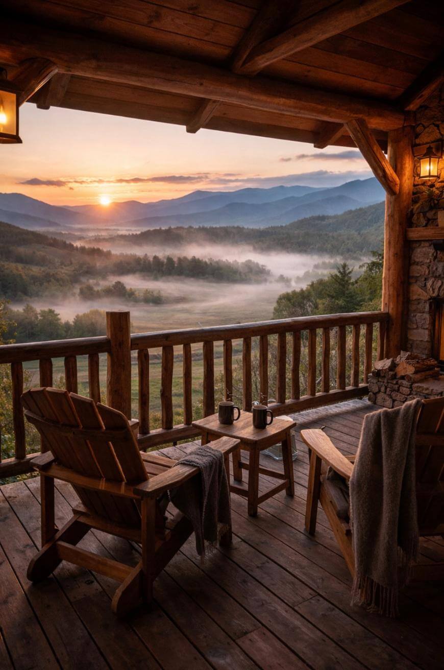 A cozy wooden porch with two chairs, blankets, and mugs overlooks a misty valley and mountains at sunrise, bathed in warm, golden light.