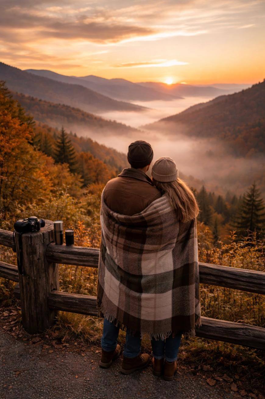 A couple wrapped in a plaid blanket stands by a wooden fence, overlooking a misty mountain valley at sunrise in autumn. Colorful foliage and rolling hills stretch into the distance under a glowing sky.