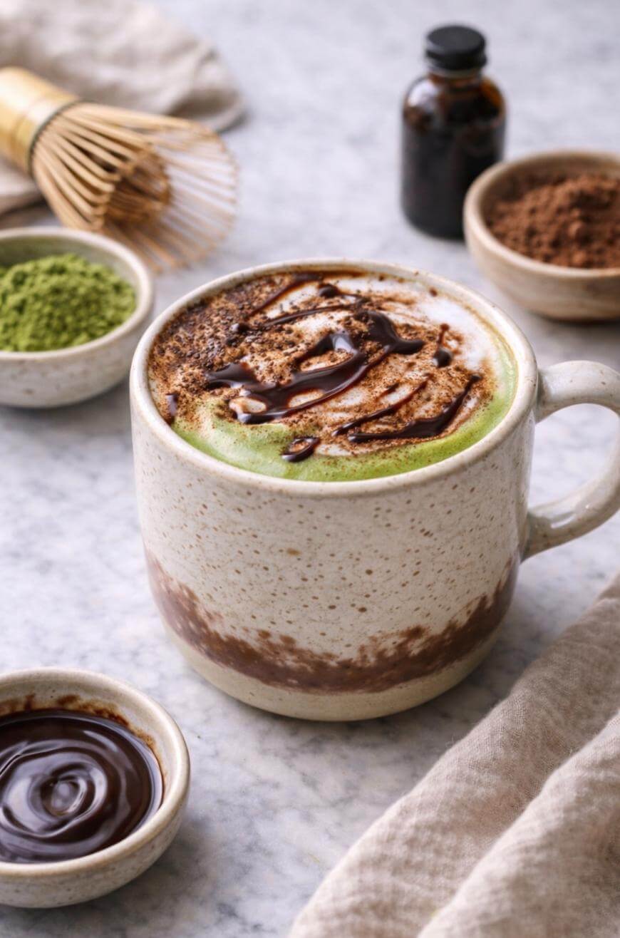 A ceramic mug of matcha latte topped with chocolate drizzle and cocoa powder sits on a marble surface, surrounded by bowls of matcha powder, chocolate sauce, cocoa powder, and a bamboo whisk.