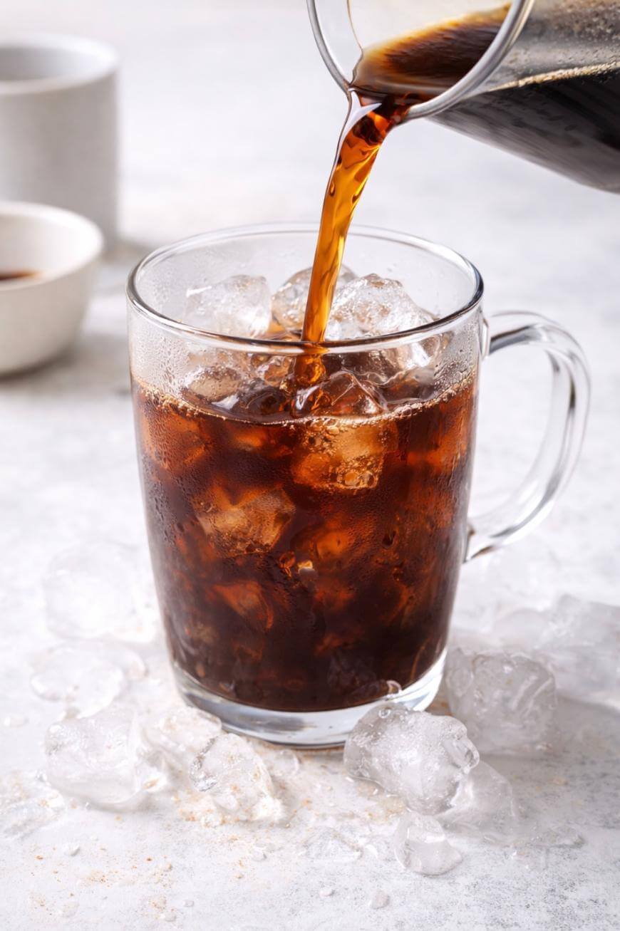 A glass mug filled with ice cubes is being poured with cold brew coffee. Several ice cubes are scattered around the mug on a light-colored surface. Two white cups sit blurred in the background.