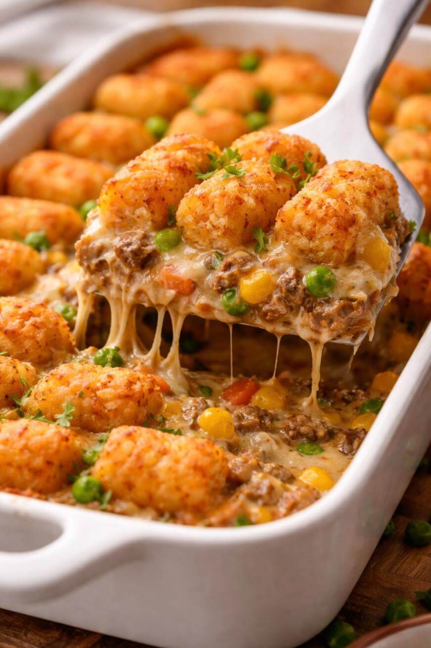 A serving spoon lifts cheesy tater tot casserole filled with ground beef, peas, corn, and carrots from a white baking dish, showing melted cheese stretching from the hot dish.