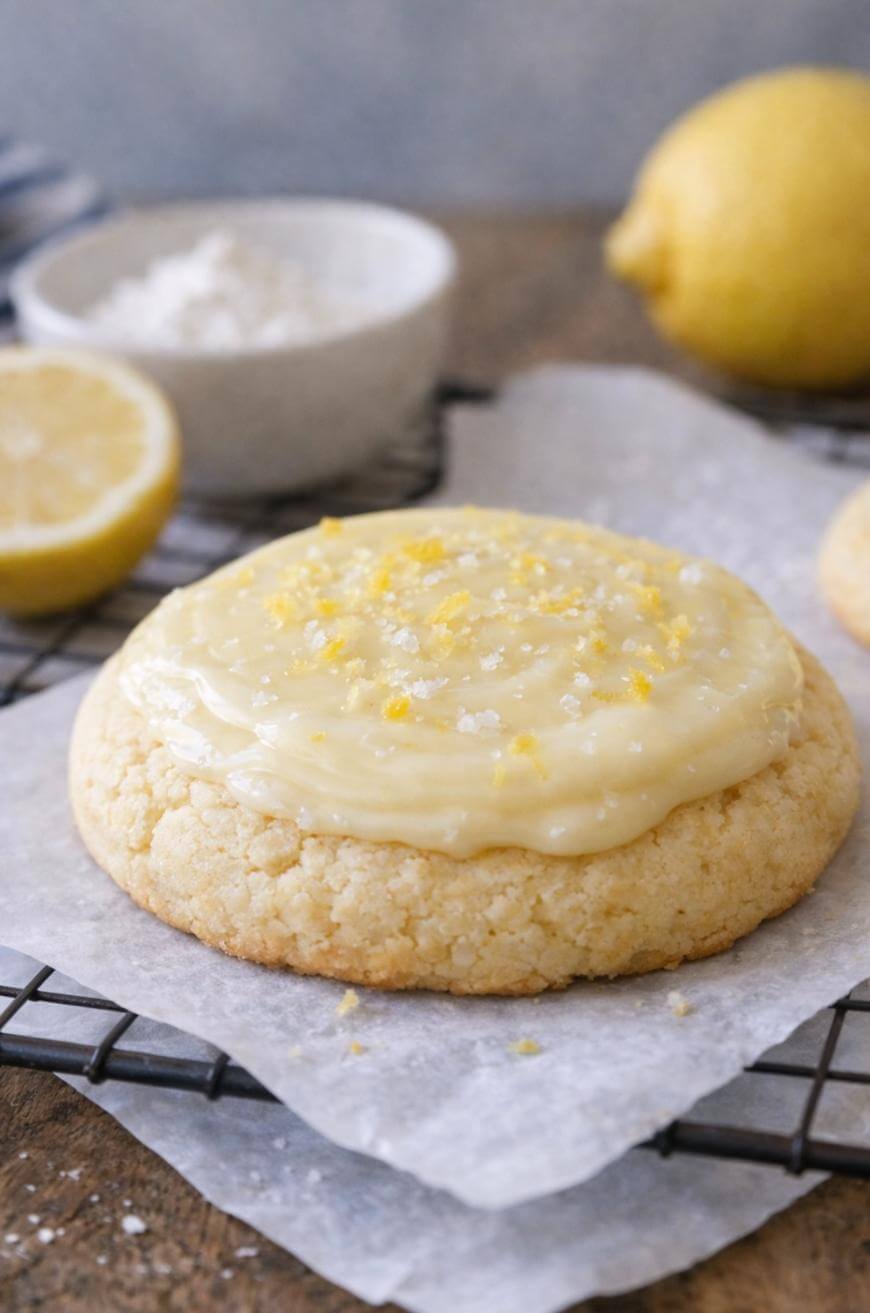 A frosted lemon cookie topped with lemon zest and a sprinkle of sugar sits on parchment paper on a cooling rack, with a halved lemon and a bowl of powdered sugar in the background.
