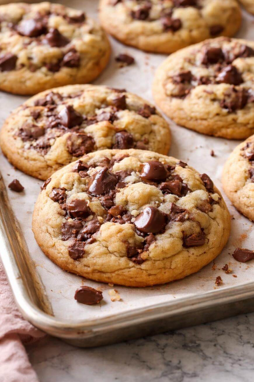 A close-up of freshly baked chocolate chip cookies with melted chocolate chunks, resting on a parchment-lined baking sheet.