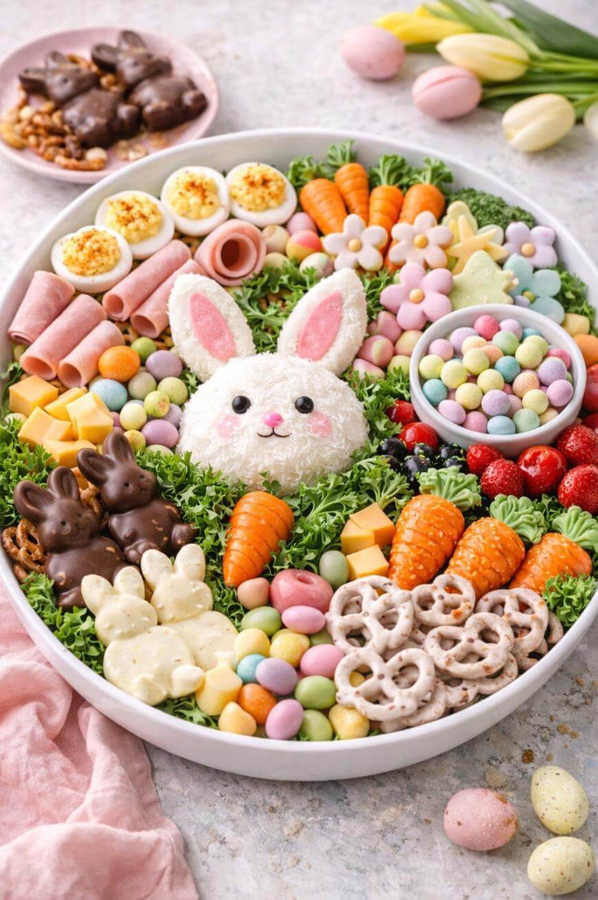 A festive Easter snack platter featuring a bunny-shaped cheese ball in the center, surrounded by colorful candies, chocolate bunnies, deviled eggs, pretzels, ham rolls, cheese cubes, strawberries, and carrot-shaped treats.
