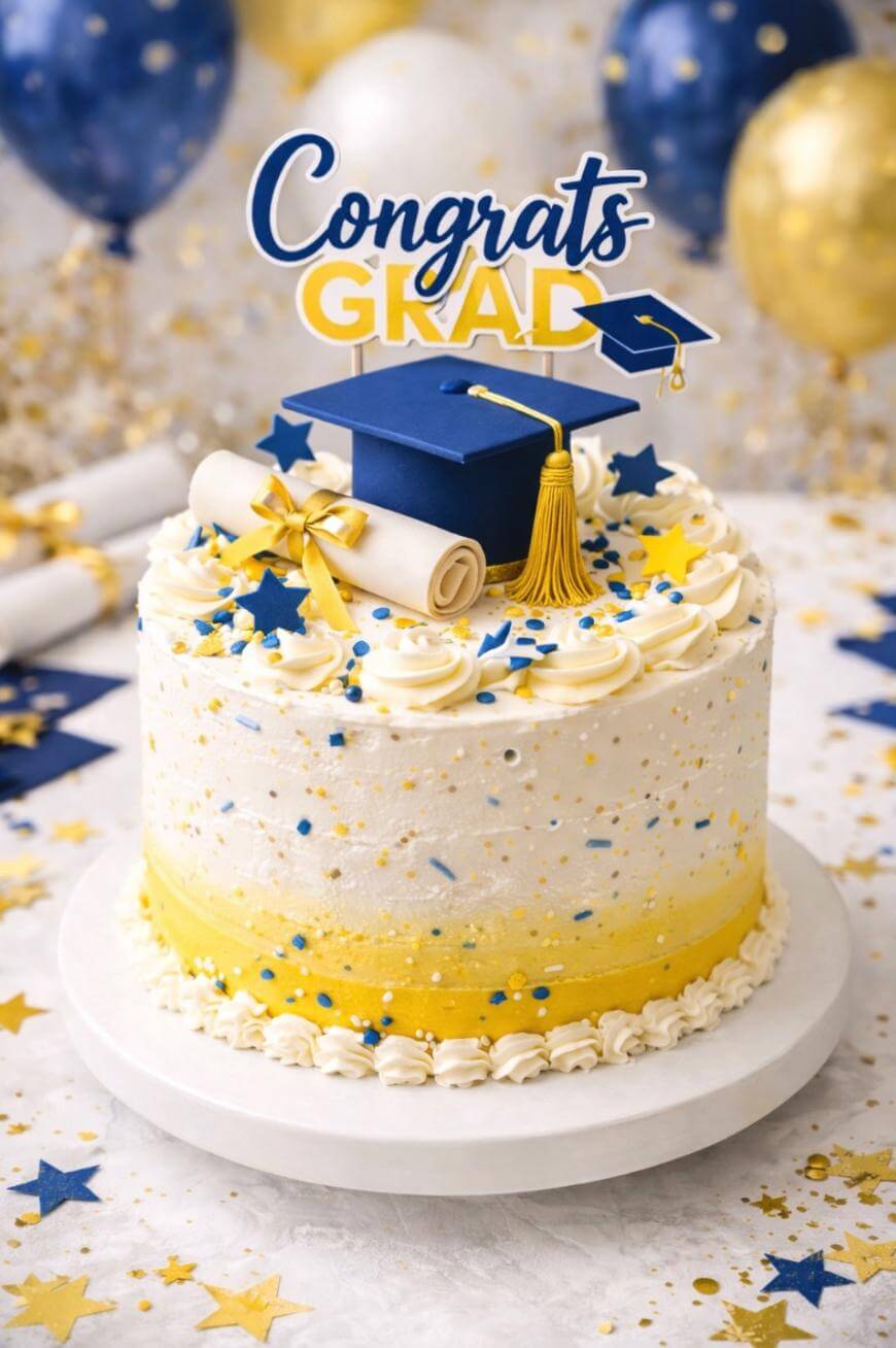 A white and yellow graduation cake decorated with blue and gold sprinkles, a diploma, a graduation cap, and a “Congrats Grad” topper, surrounded by confetti, stars, and balloons in blue, gold, and white.