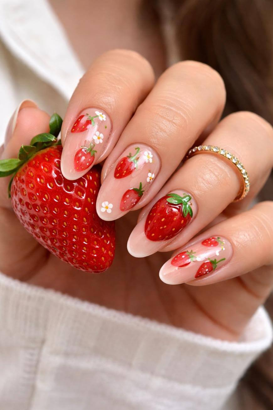 A hand with long, almond-shaped nails painted with detailed strawberry and white flower designs holds a fresh strawberry. The person wears a gold ring and a white sleeve is visible.