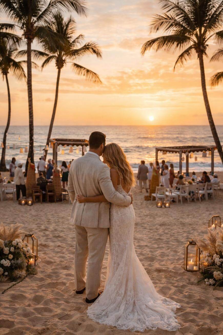 A bride and groom stand arm in arm on a sandy beach, facing the ocean at sunset. Guests gather at decorated tables under palm trees, with soft lighting and elegant floral arrangements, creating a romantic atmosphere.
