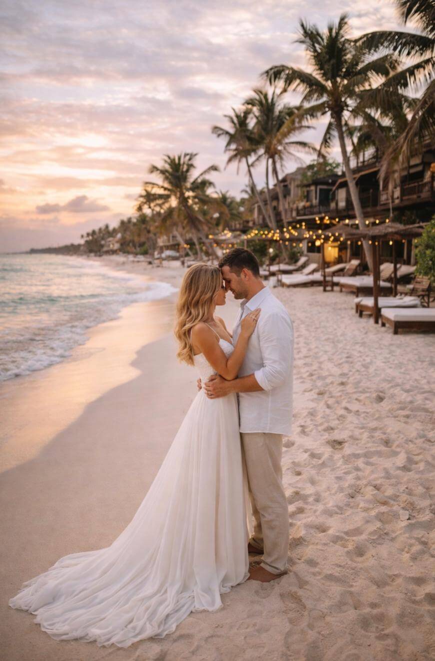 A bride and groom embrace on a sandy beach at sunset, with palm trees, beach chairs, and cozy lights in the background. The bride wears a long white gown; the groom wears a white shirt and beige pants.