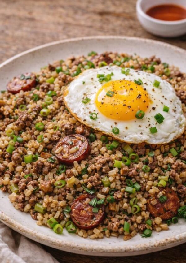 A plate of fried rice topped with a sunny-side-up egg, sliced sausage, ground meat, and chopped green onions, with a small bowl of dipping sauce in the background.