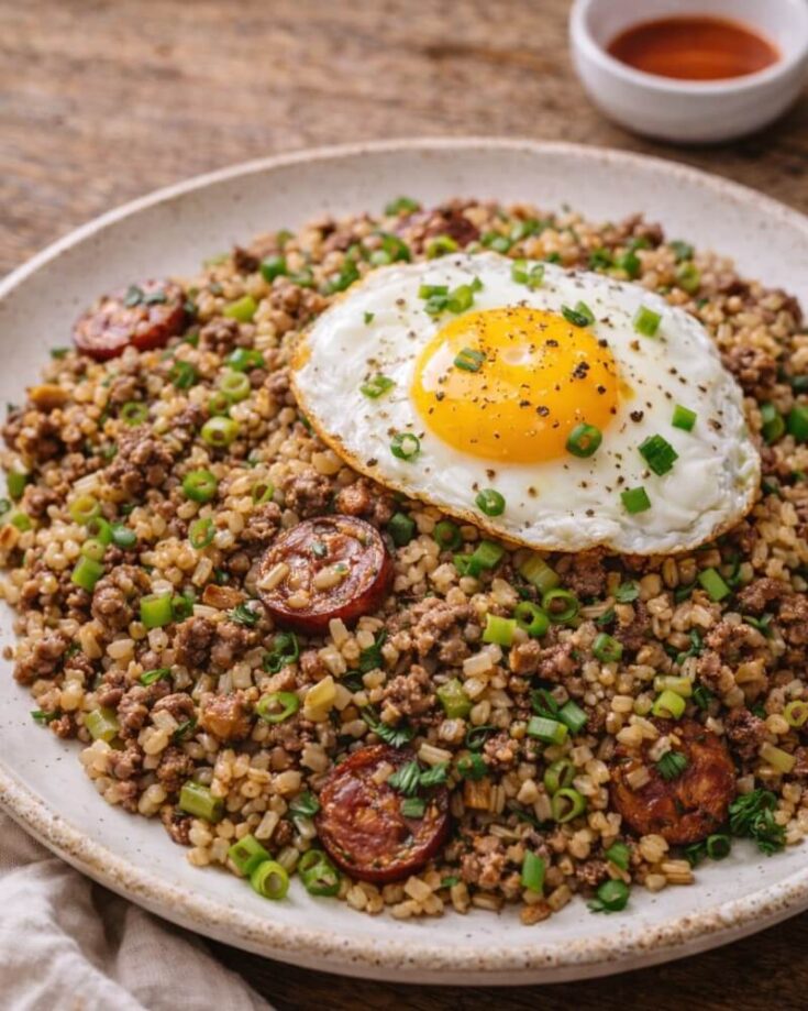A plate of fried rice topped with a sunny-side-up egg, sliced sausage, ground meat, and chopped green onions, with a small bowl of dipping sauce in the background.