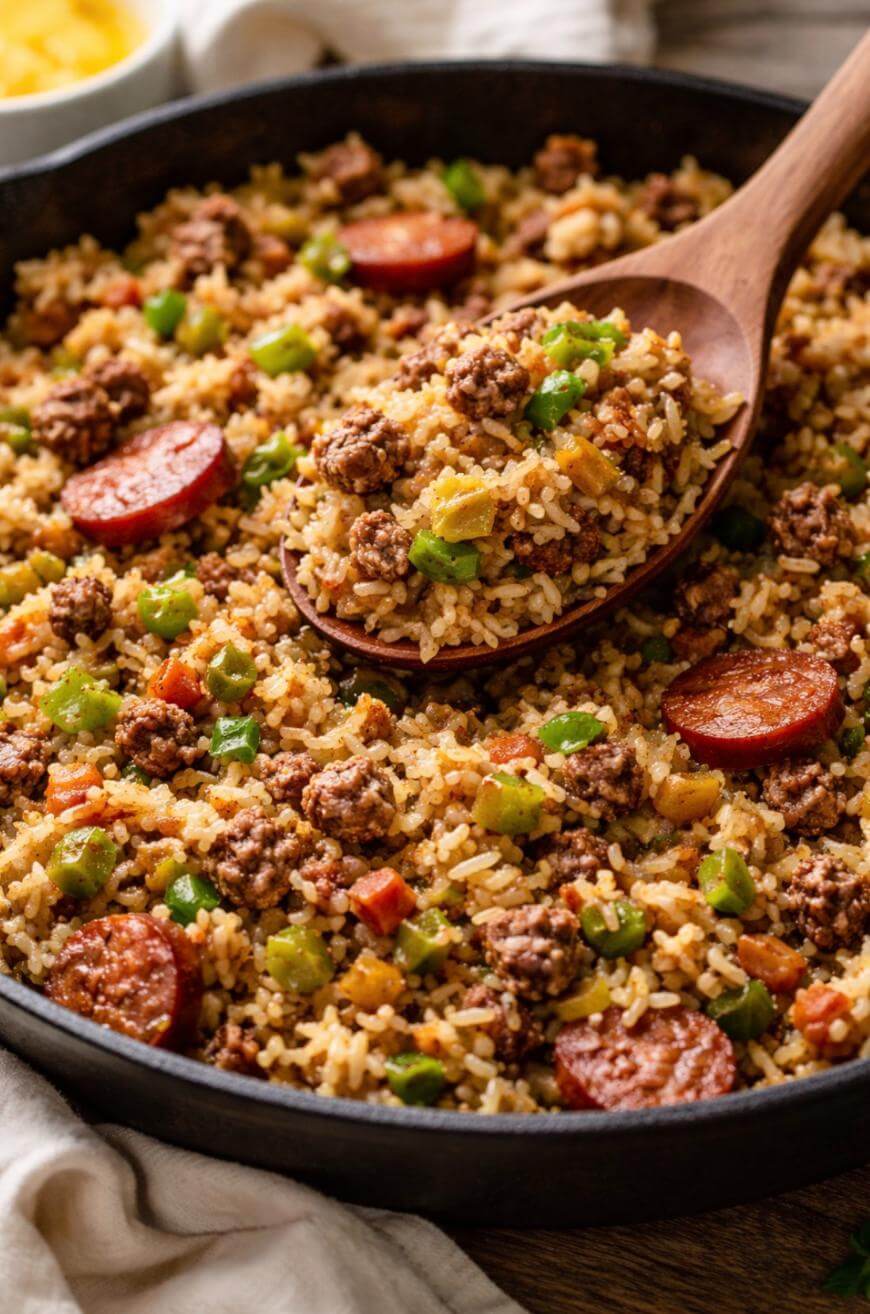 A close-up of a skillet filled with dirty rice, ground meat, sliced sausage, green bell peppers, and spices. A wooden spoon scoops up a portion from the pan.