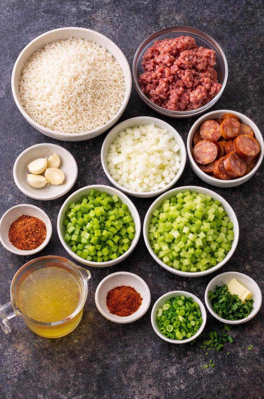 An overhead view of bowls containing uncooked rice, ground meat, sausage slices, chopped onions, celery, green onions, garlic cloves, herbs, spices, a small cube of butter, and a cup of broth on a dark surface.