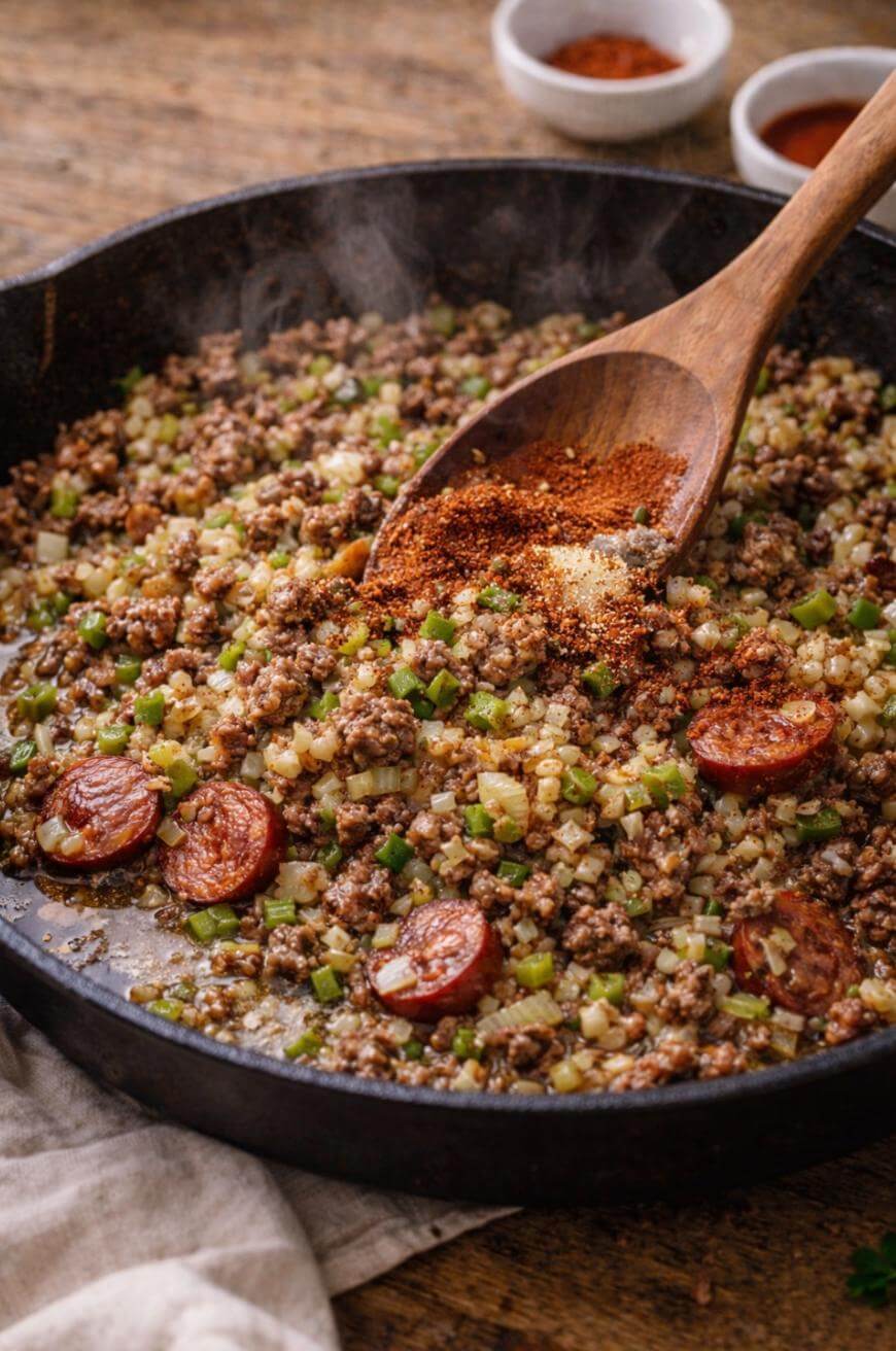 A skillet filled with a mixture of ground meat, diced vegetables, sausage slices, and cauliflower rice. A wooden spoon is sprinkling seasoning powder on top. Two spice bowls are in the background on a wooden table.