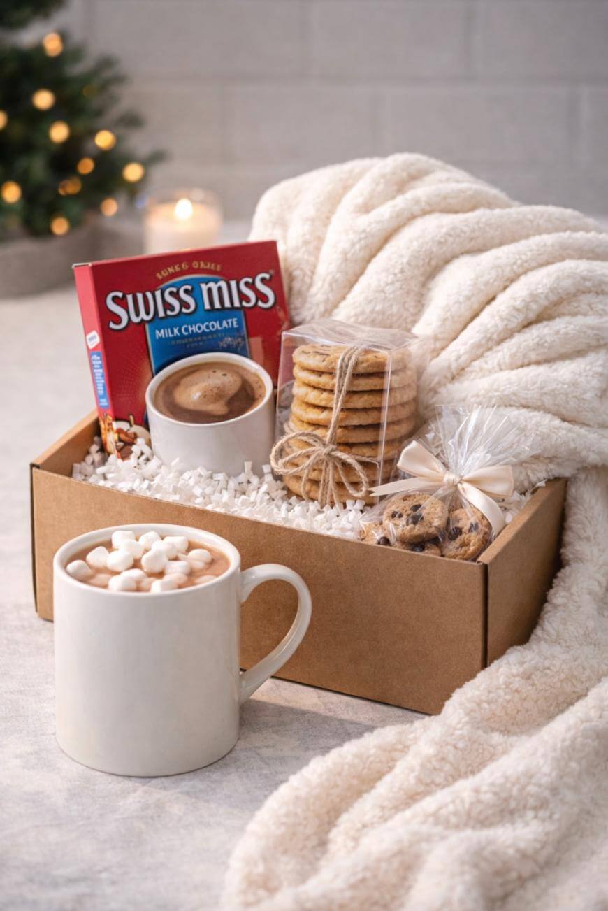 A cozy gift box with Swiss Miss hot chocolate, a mug of cocoa with marshmallows, stacked cookies, chocolate chip cookie bites, and a soft cream-colored blanket, with a blurred Christmas tree in the background.