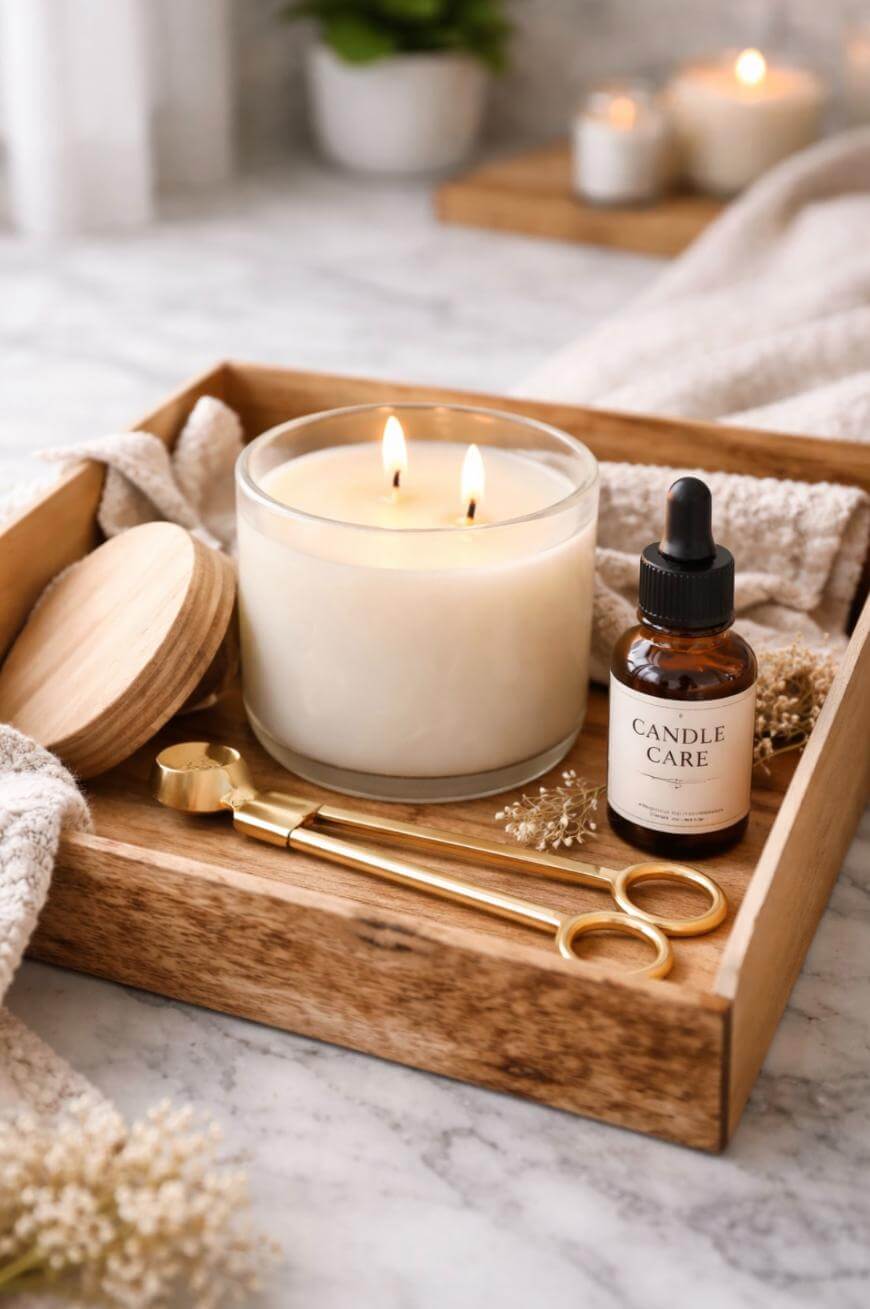 A wooden tray holds a lit white candle in a glass jar, a bottle labeled Candle Care, gold candle accessories, and a beige towel, with a cozy background featuring plants and another lit candle.