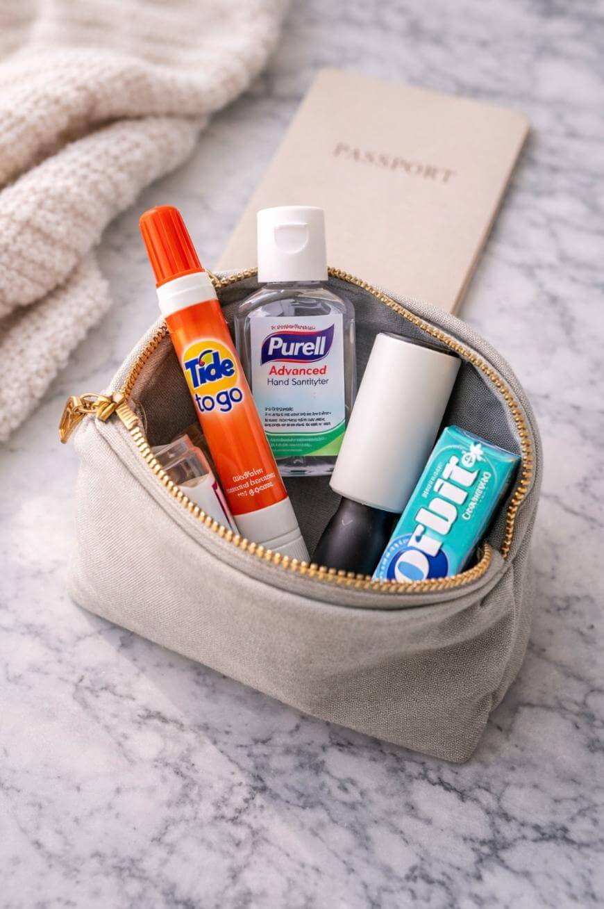 A small beige zip pouch on a marble surface contains a Tide To Go pen, Purell hand sanitizer, lint roller, ChapStick, and a pack of gum. A passport and textured fabric are in the background.