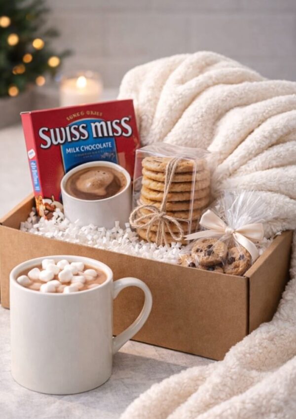 A cozy gift box with Swiss Miss hot chocolate, cookies tied with twine, chocolate chip cookies in a clear bag with a ribbon, and a mug of hot chocolate topped with marshmallows, next to a soft cream-colored blanket.