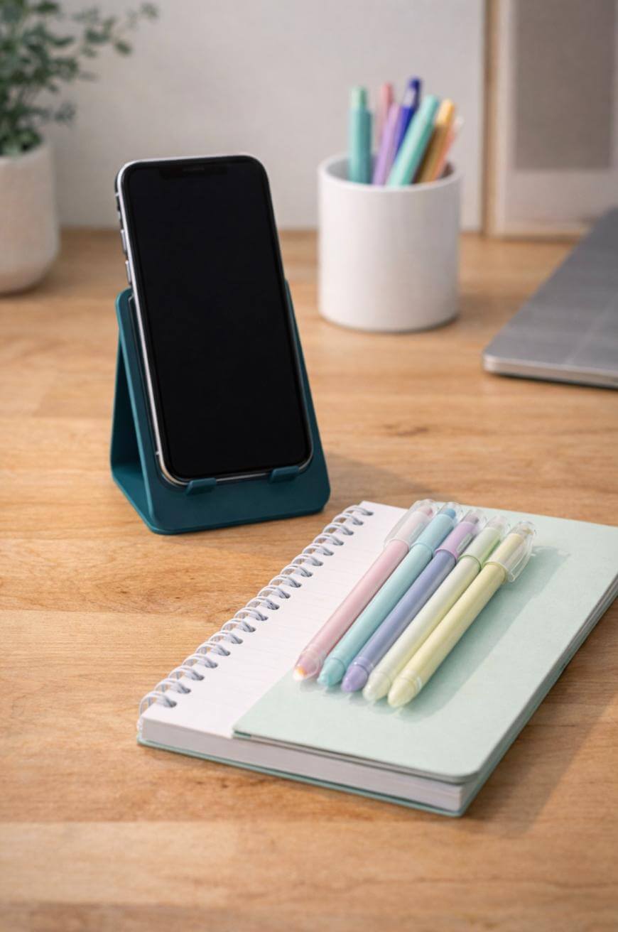A smartphone on a stand sits on a wooden desk beside a spiral notebook with five pastel-colored pens on top. In the background, a white cup holds more pastel pens, and part of a laptop is visible.
