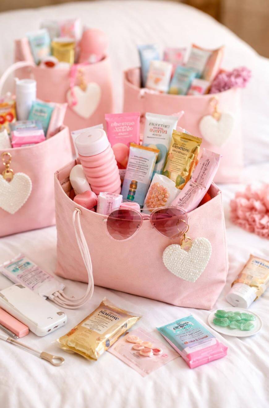 Four pink fabric gift bags filled with various self-care items like lotions, wipes, hand creams, and bath products, with sunglasses and skincare products arranged on a bed in front of them.