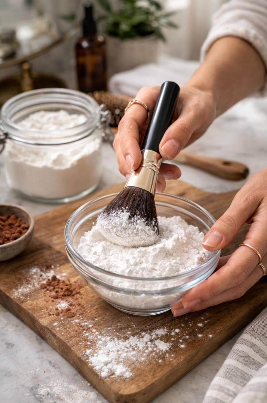 A person dips a makeup brush into a clear bowl of white powder on a wooden board. An open jar of flour and a small bowl of cocoa powder are nearby on a kitchen counter.