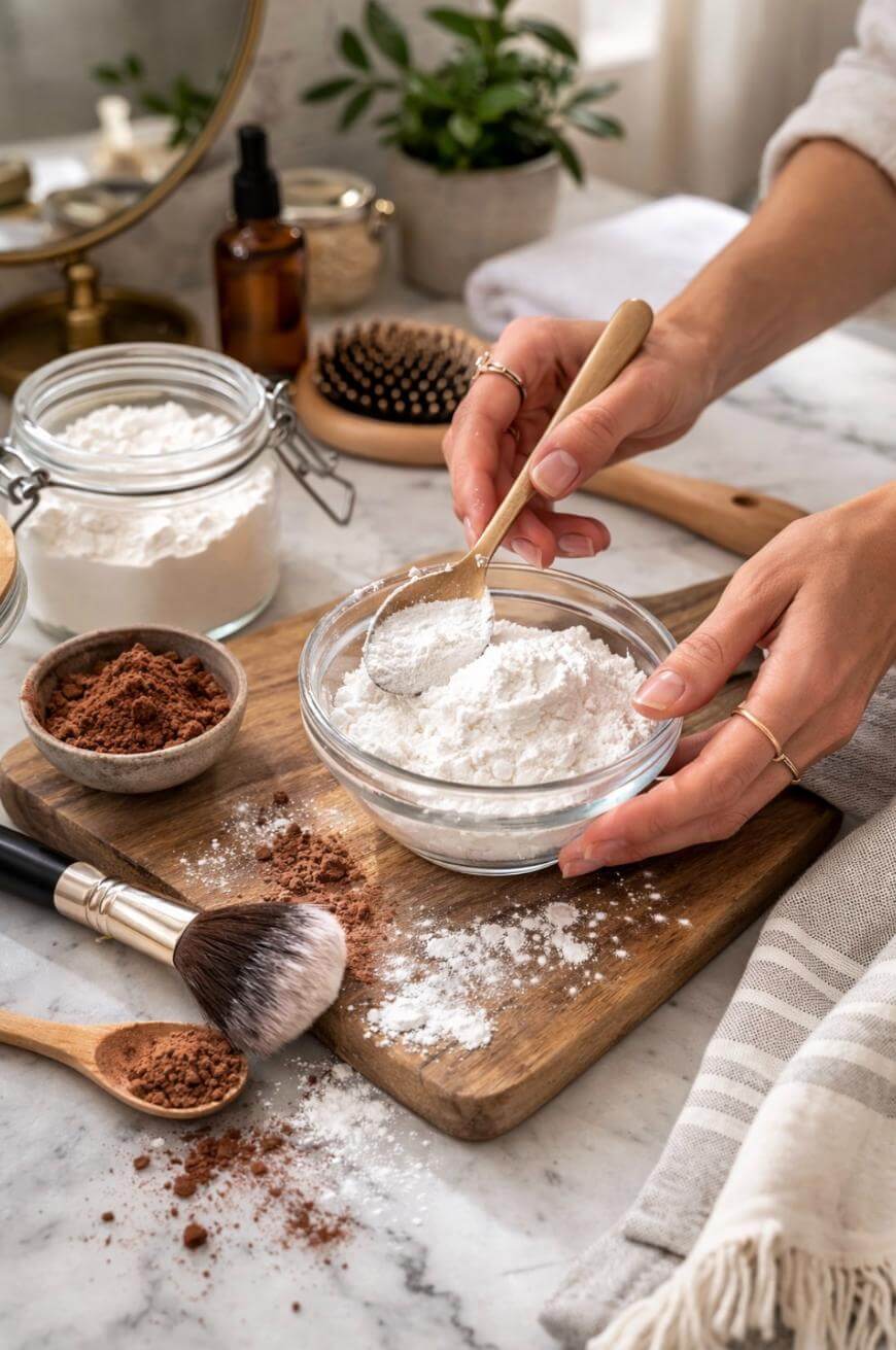 A person mixes white powder in a glass bowl on a wooden board, surrounded by jars and bowls of powder, cosmetic brushes, and a hairbrush on a marble surface.