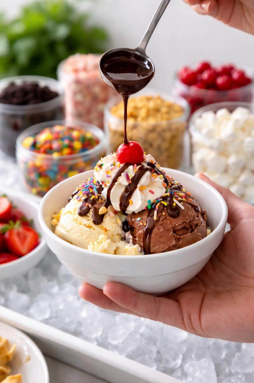 A hand holds a bowl of vanilla and chocolate ice cream topped with whipped cream, rainbow sprinkles, a cherry, and nuts as chocolate sauce is drizzled on top; various toppings are in the background.
