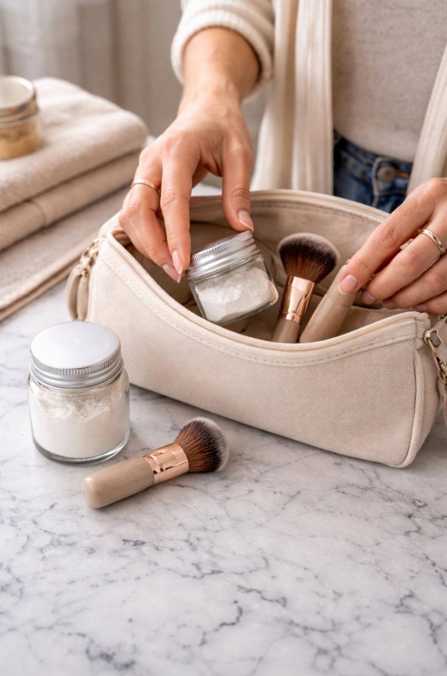 A person places a small jar of powder into a beige makeup bag on a marble surface, with makeup brushes and another jar nearby. Towels and part of the persons outfit are visible in the background.