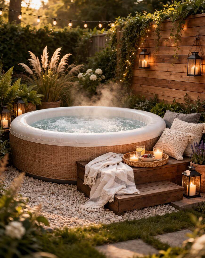A cozy backyard hot tub with bubbling water is surrounded by plants, lanterns, a wooden privacy wall, and string lights. Nearby, a towel, pillows, candles, and snacks rest on a small wooden table and steps.